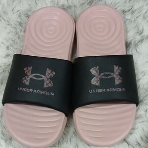 Under Armour Black and Pink Logo Slides